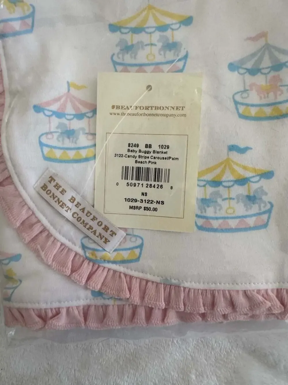 The Beaufort Bonnet Company Candy Stripe Carousel Baby Buggy Blanket and Bib Set